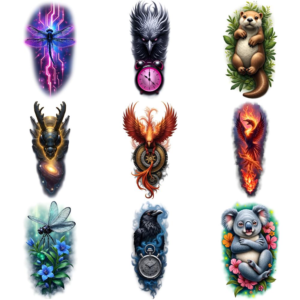 9pcs Temporary Tattoo Black Bird With Clock Realistic Temporary Tattoos Chameleon Golden Beetle With Galaxy Colorful Realism For