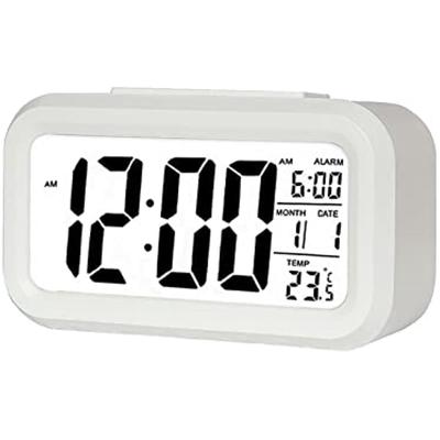 Budzik cyfrowy na baterie z szerokim wyświetlaczem LED i temperaturą, jasna noc, drzemka, system 12/24 godziny, data, kalendarz, do sypialni, stolik nocny