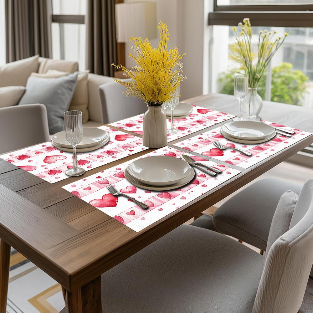 1set/1pc/4pcs/6pcs Valentine'S Day Heart-Shaped Printed Placemats | Polyester, Heat-Insulating, Suitable for Home Decoration, Festival Dining