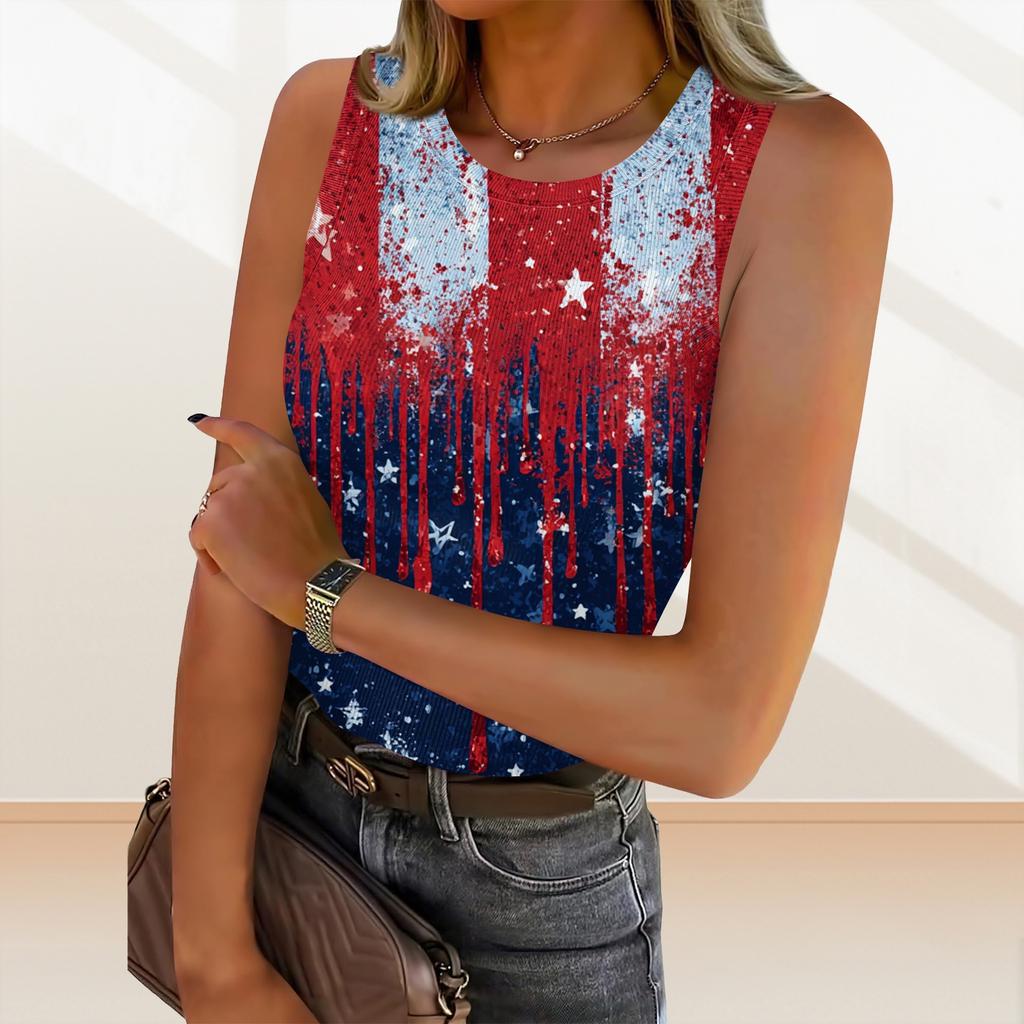 Women's Summer Fashionable Casual Independence Day Printed Round Neck Sleeveless Top Fitted Vest