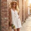 Women Sleeveless Button Front U Neck Casual Linen Cotton Dress with Pockets Loose Fit Summer Tunic Midi Dress for Daily Wear