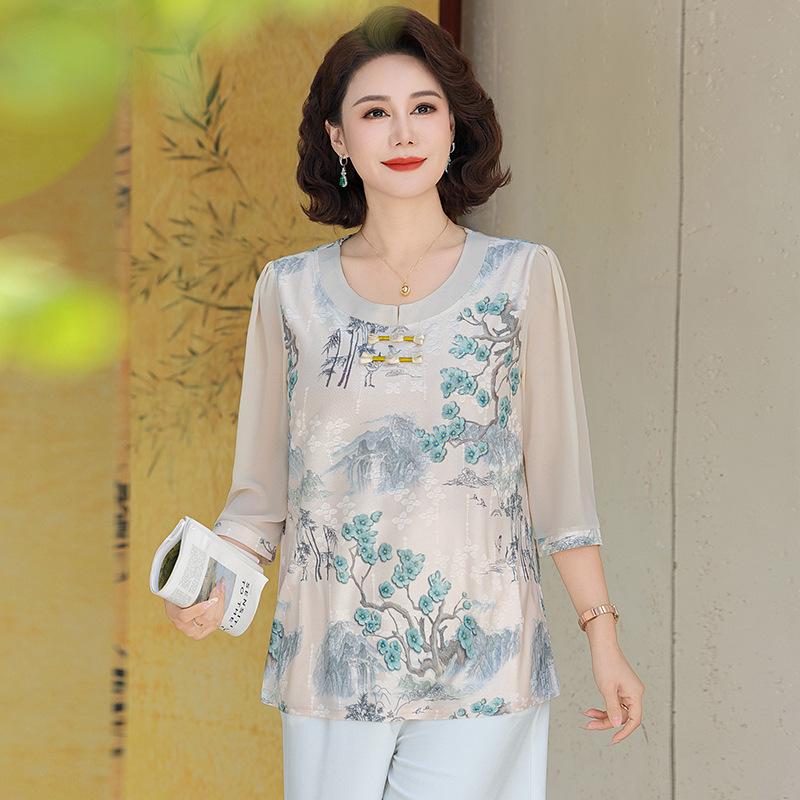 

Mom’s Summer Chiffon T-shirt: Stylish Chinese National Trend for Middle-aged Women, Three-quarter Sleeves. 4XL (recommended 130-145 jin) зелёный