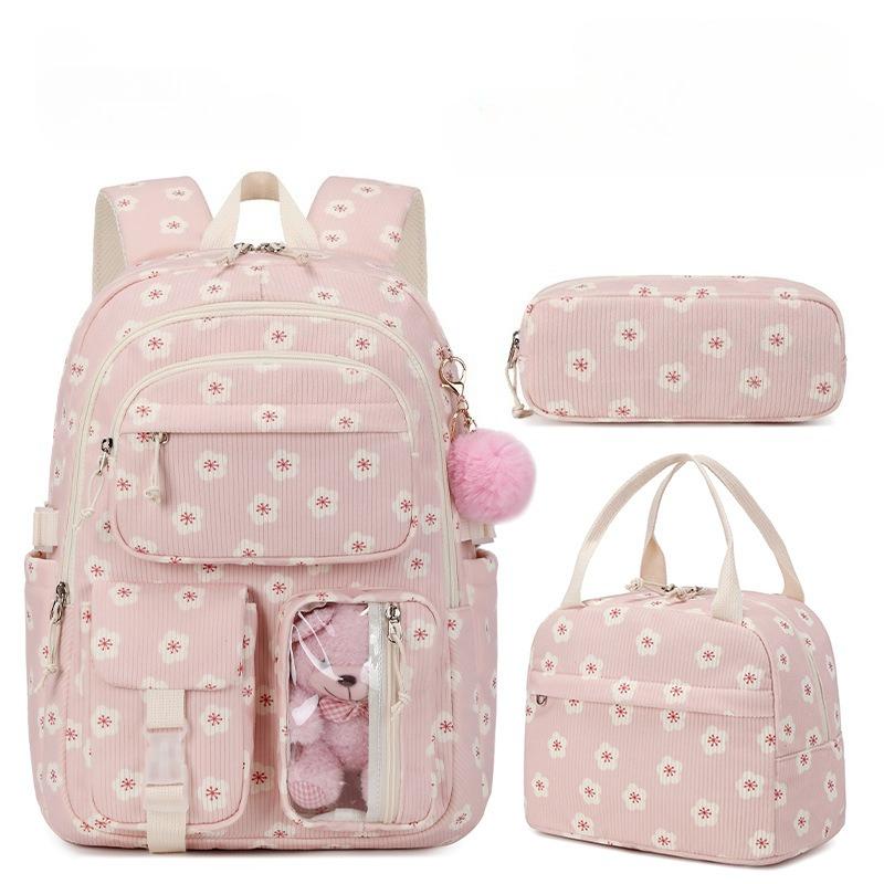 Set de 3 pièces Sac à dos d'école en velours côtelé avec sac à lunch trousse à crayons Sac d'école mignon pour fille Sac à livres Fraise Sac à dos pour adolescents Femmes