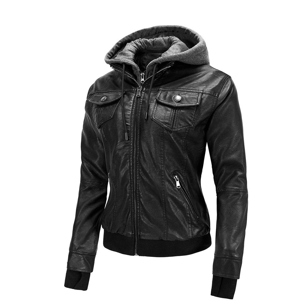 Grenzüberschreitende Damen Slim Motorradlederjacke mit abnehmbarer Kapuze - Herbst/Winter Modetrend