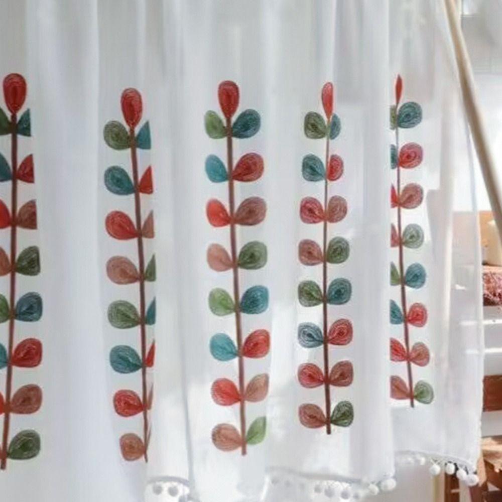 Semi Sheer Voile Drapes Embroidered Leaves Short Curtains Home Decoration Bath Curtain  Cafe