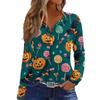 Women's Casual Long Sleeve T-Shirt with Halloween Print V-Neck Button for Parties