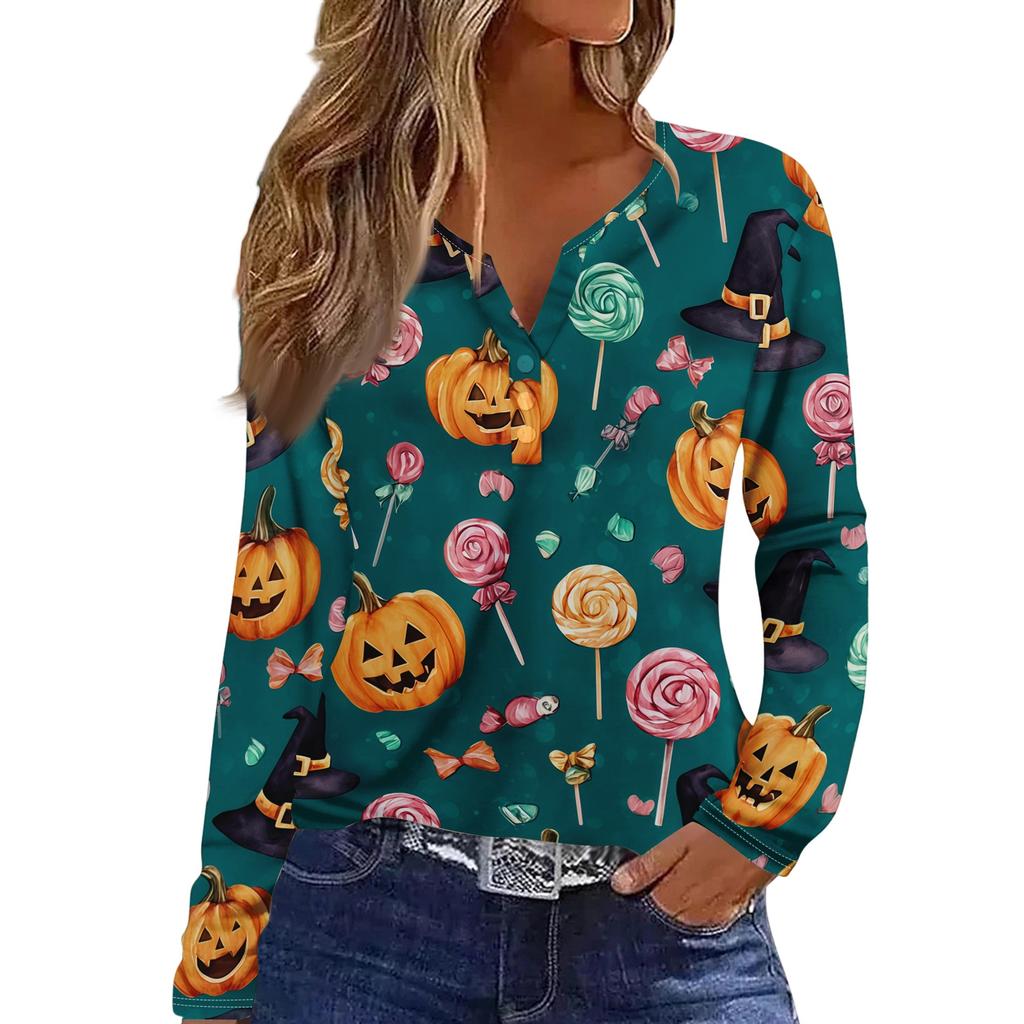 Women's Casual Long Sleeve T-Shirt with Halloween Print V-Neck Button for Parties