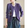 Lila floral bestickter Rundhals-Strickcardigan mit langen Ärmeln für Damen