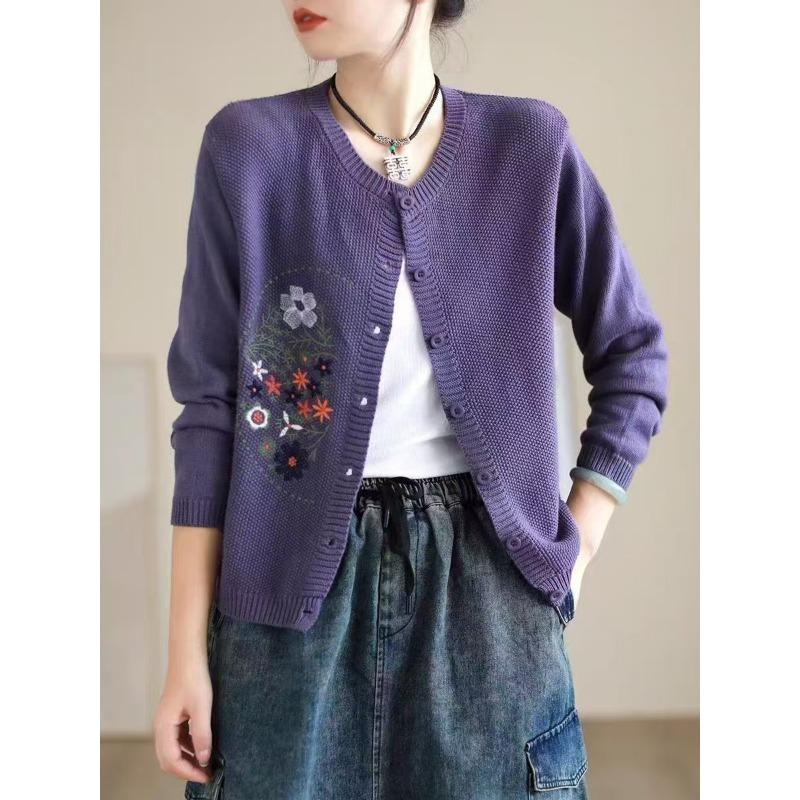 Lila floral bestickter Rundhals-Strickcardigan mit langen Ärmeln für Damen