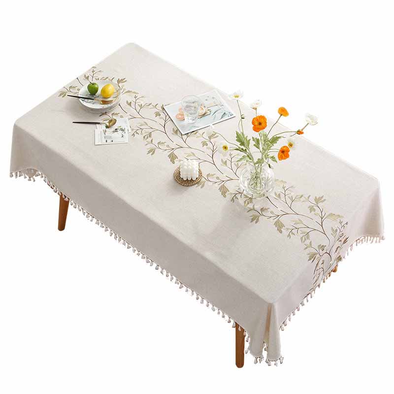 Nappe Brodée en Coton et Lin avec Pompons - Housse de Table Carrée Rectangulaire Ronde pour Table à Manger Table Basse Décoration de Maison