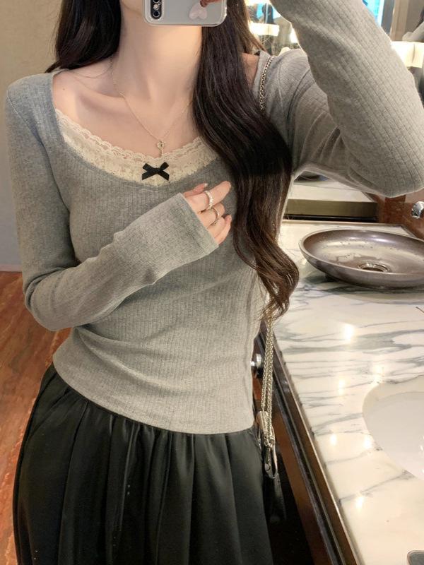 Women's Slim-Fit Ballet Style Grey Square Neck Lace Splicing Long Sleeve Base Layer Top for Autumn and Winter