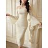 Women's Off The Shoulder Lace Dress Bell Sleeves Bodycon Evening Party Gowns Sexy Y2K Long Dresses