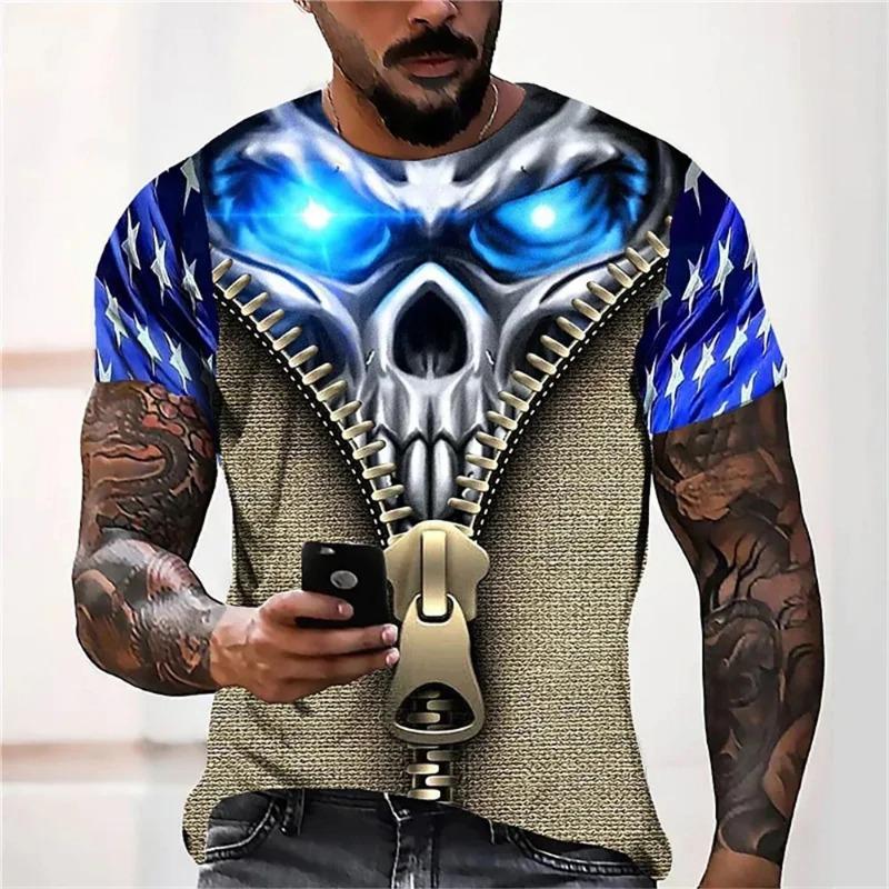 2025 Sommer Neu Vintage Horror Schädel 3D Druck Herren T-Shirt Klassisch Lässig Kurzarm Mode Locker Übergroße Oberteile T-Shirt