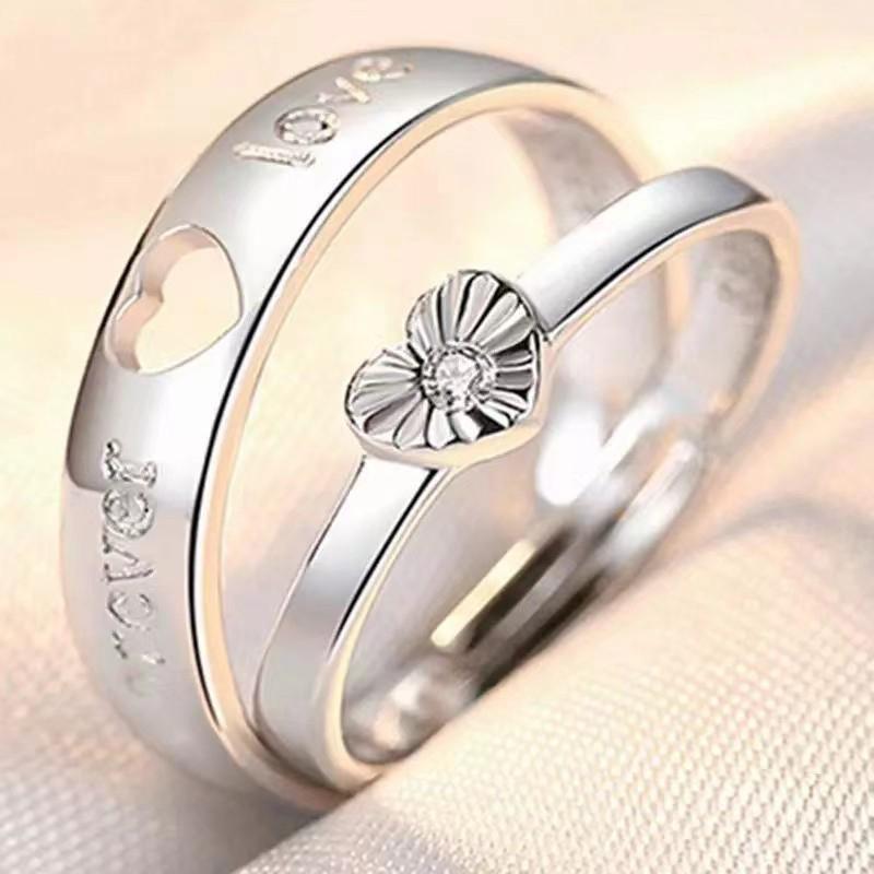 2Pcs Simple Light Luxury Zircon Couple Paired Rings For Women Men Opening Adjustable Rings Wedding Anniversary Jewelry Gift