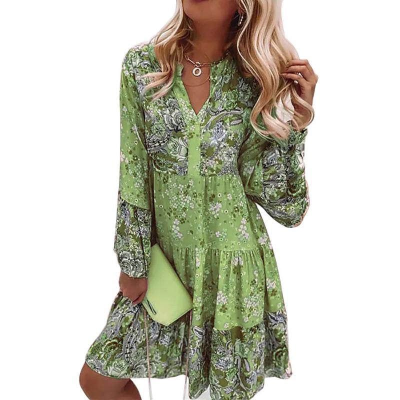 Flower Print Long Sleeve V Neck Casual Dress for Spring and Fall