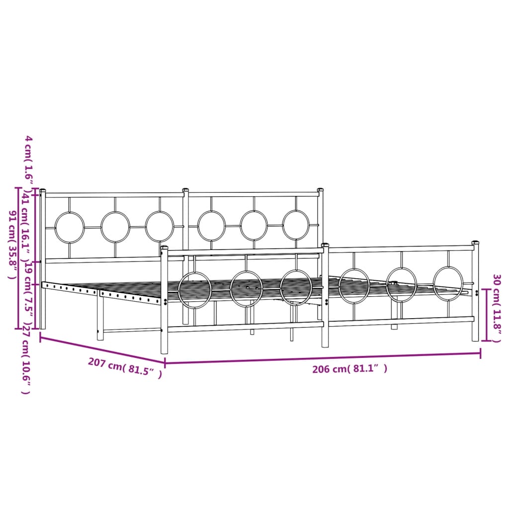 Metal Bed Frame with Headboard and Footboard Black 200x200 Cm