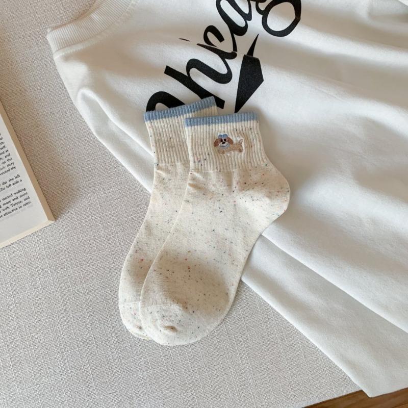 Female Spring and Summer New Style Casual Yarn Color Collision Lovely Dachshund Embroidery Boneless Tube Socks