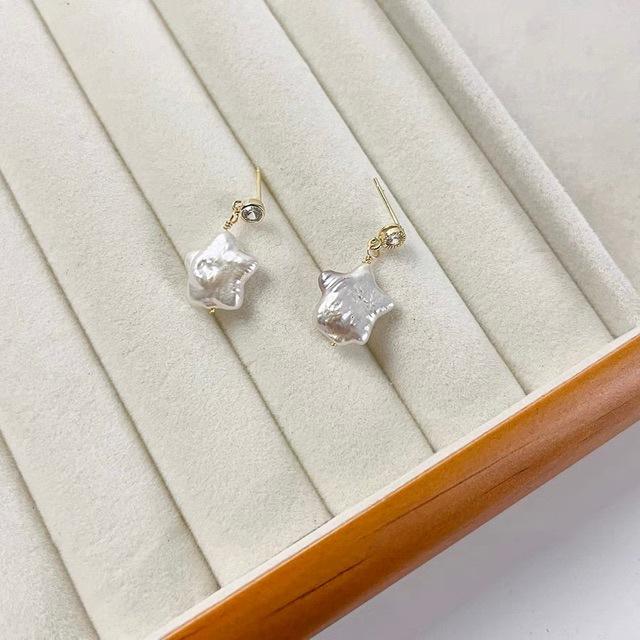 Unique Baroque stars, sweet wind, small fresh freshwater pearl silver needle earrings, versatile girl stud earrings, earrings Silver needle/zircon inlay