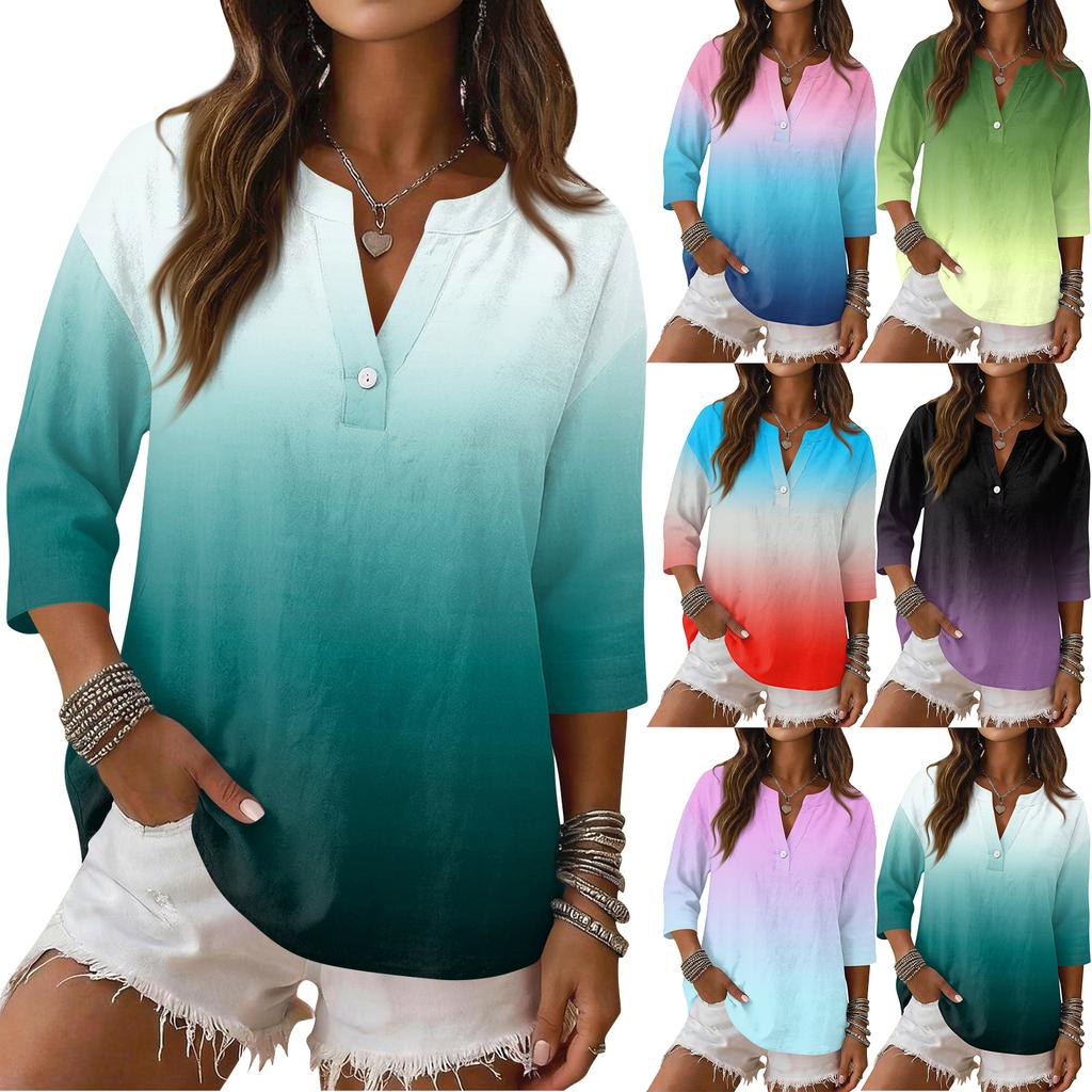 Women's Casual Gradient Print V Neck Button Three Quarter Sleeve T Shirt Linen Cotton Blend Top for Everyday Wear