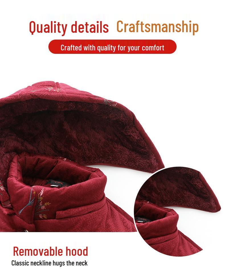 Grandma's Embroidered Velvet Hooded Jacket - Thick, Warm Cotton Padded for Middle-Aged and Elderly Women