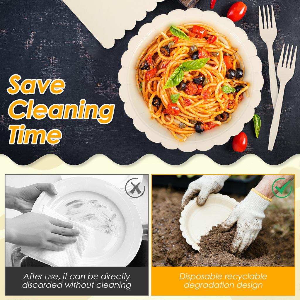 200Pcs Scalloped Edge Tableware Set Party Supplies Thickened Paper Dinnerware with Napkin Plate and Fork for Weddings Tea Party