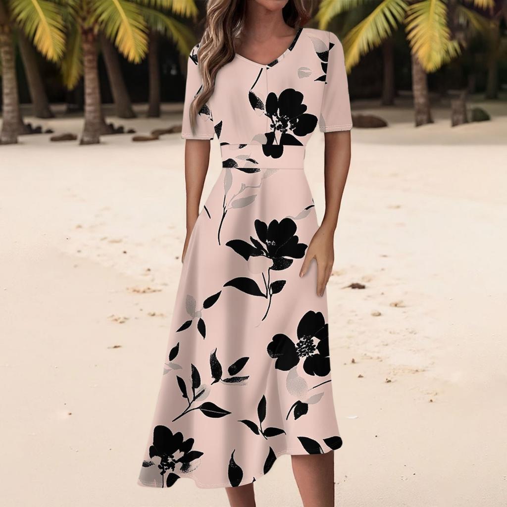 Damen Freizeitmode Kleid mit Blumendruck, V-Ausschnitt, kurzen Ärmeln und taillenlang