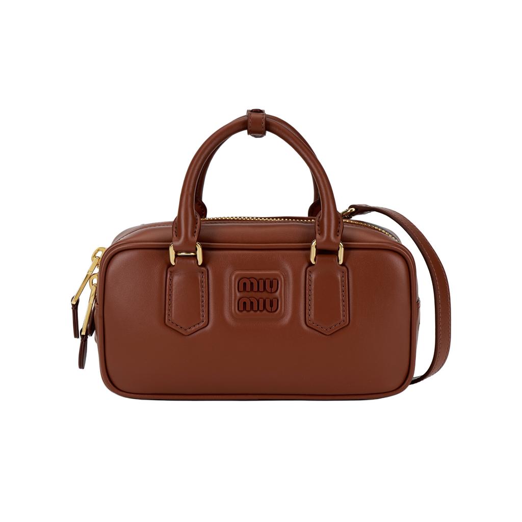 Bolso de hombro único de cuero serie Arcadie MIU MIU con logotipo metálico grabado para mujer color óxido