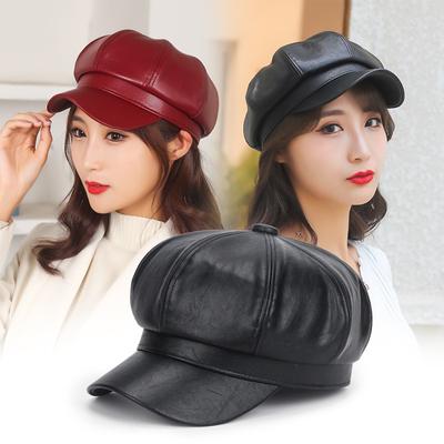 Autumn and Winter Vintage Beret Female Pu Painter Hat Spring Octagonal Hat