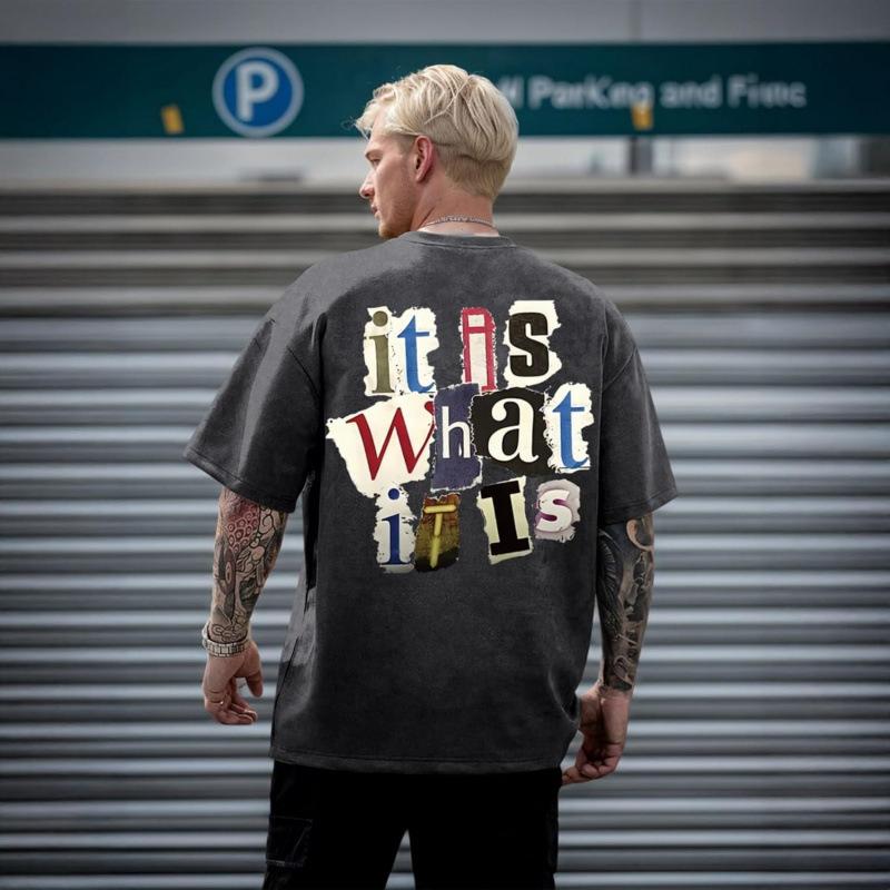 Washed Retro Cotton 230Gmen'S Graphic Tees Funny Letter Printing Vintage