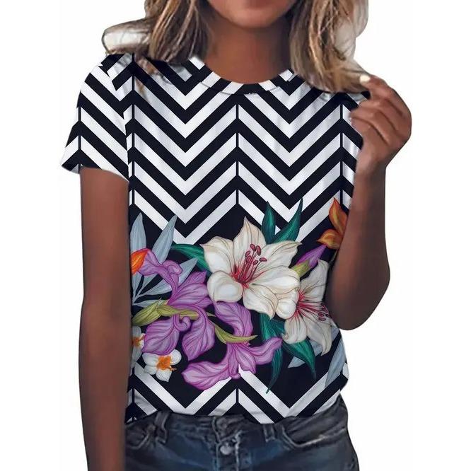 Summer Round Neck 3D Flower Butterfly Pattern Print Top Fashionable Casual Retro Short Sleeved Women's T-shirts