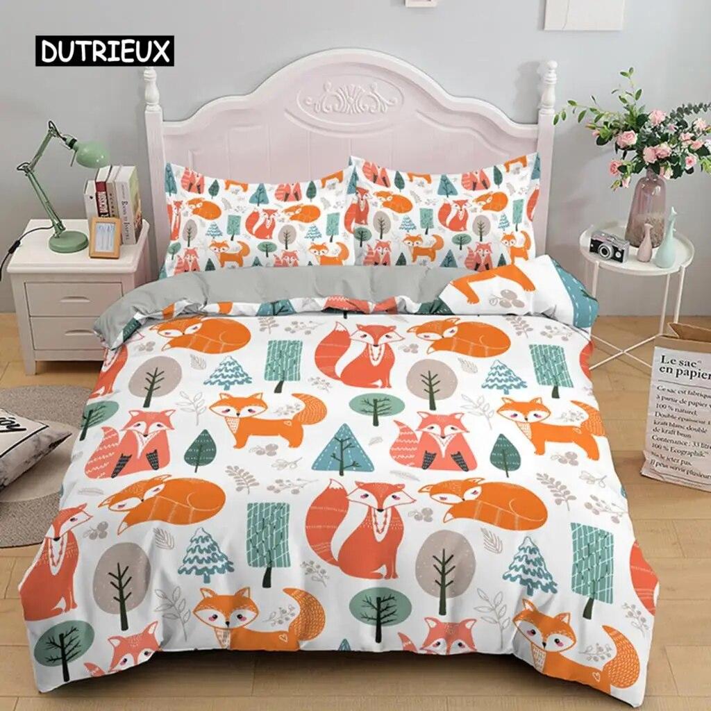 Cartoon Fox King Queen Duvet Cover Lovely Orange Animal Floral Bedding Set Kids Girls Flowers Plant 2/3pcs Polyester Quilt Cover Three Piece Set