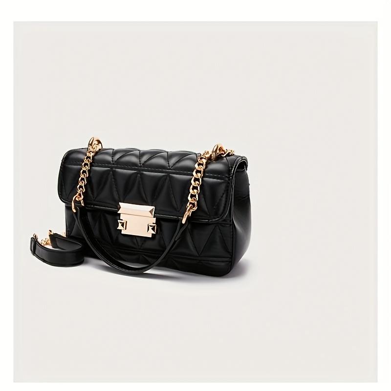 Chic Quilted Diamond Chain Crossbody Bag for Women Elegant Purse with Golden-Tone Hardware, Black, Retro Style, Fixed Shoulder Strap, Embossed Design
