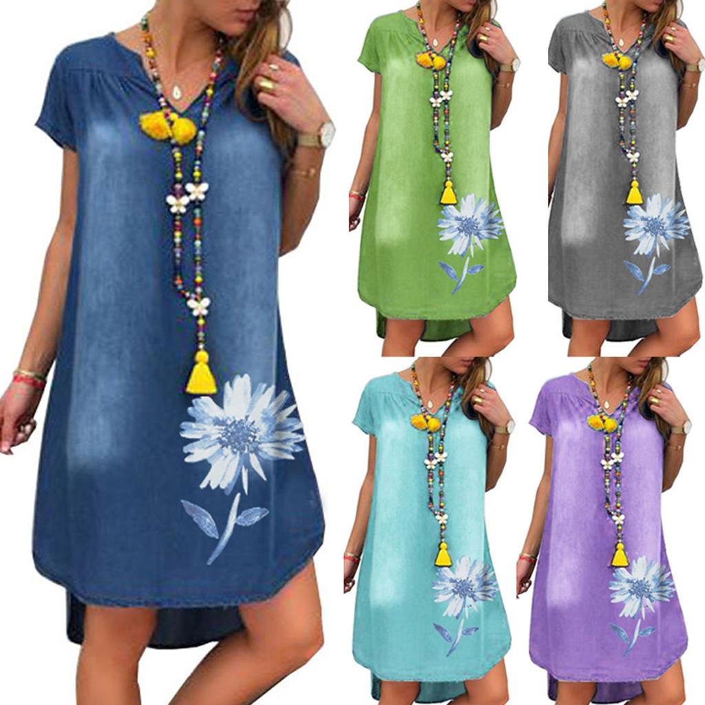 Fashion Women's Casual Printed V-Neck Short Sleeve Knee Length Denim Dress