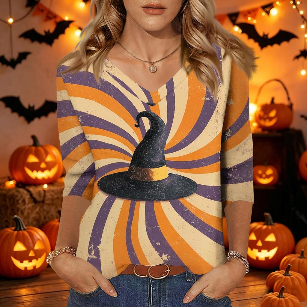 Women's Casual Halloween Printed V Neck Three Quarter Sleeve Top Tie Dye Pumpkin Bat Pattern Lightweight Blouse for Fall