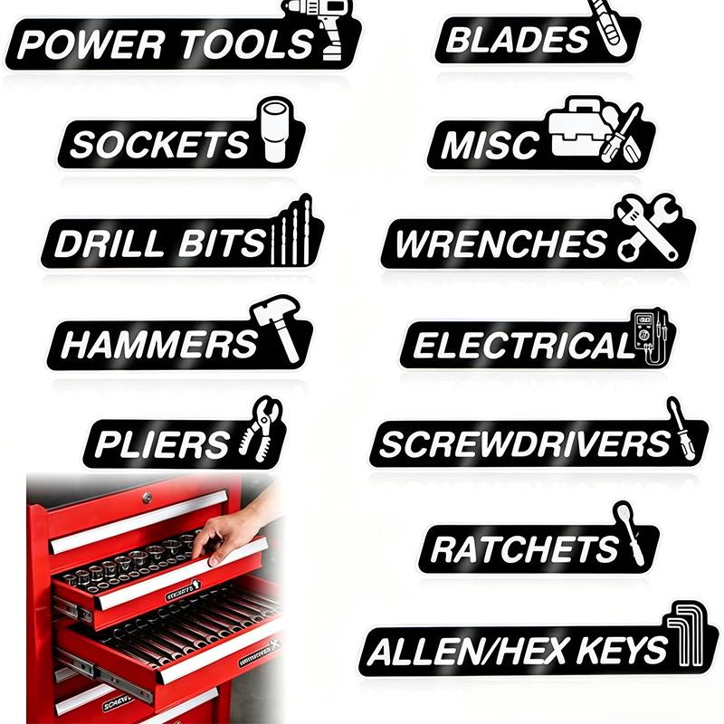12 Pcs Tool Box Magnetic Labels with Icons, Automotive Toolbox Magnet Stickers