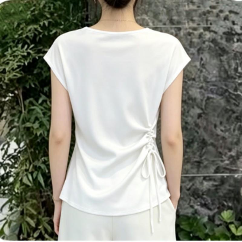 T-shirt Estiva da Donna con Scollo a V Leggera Camicia a Maniche Corte in Raso Design da Donna Top Elegante Aderente