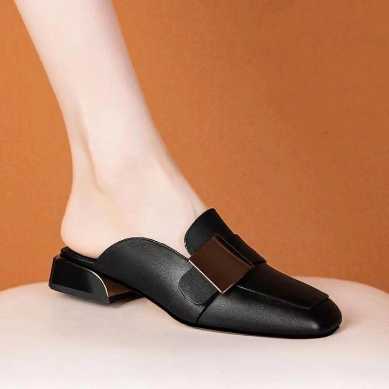 Half-bag head slippers women's summer fashion outer wear versatile square head sandals low-heeled women's shoes 2024 new