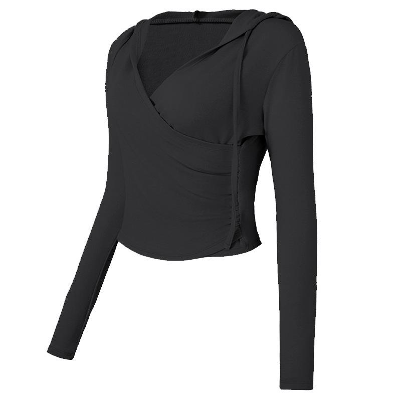 Women's Hooded Slim-Fit V-Neck Yoga Suit - Autumn & Winter Long-Sleeved Fitness Top for Running & Pilates