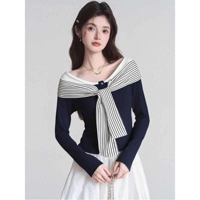 

Базовая блузка-шаль для женщин Осень Уникальная Красивая Колледжский стиль Огромный Топ с длинным рукавом S темно-синий