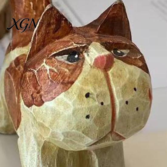 Unique Handcrafted Cat Decor Tabby Wood Figurine with Painting, Hand Carved Basswood Decorative Car Accessories Statue, Animal Art Ornament