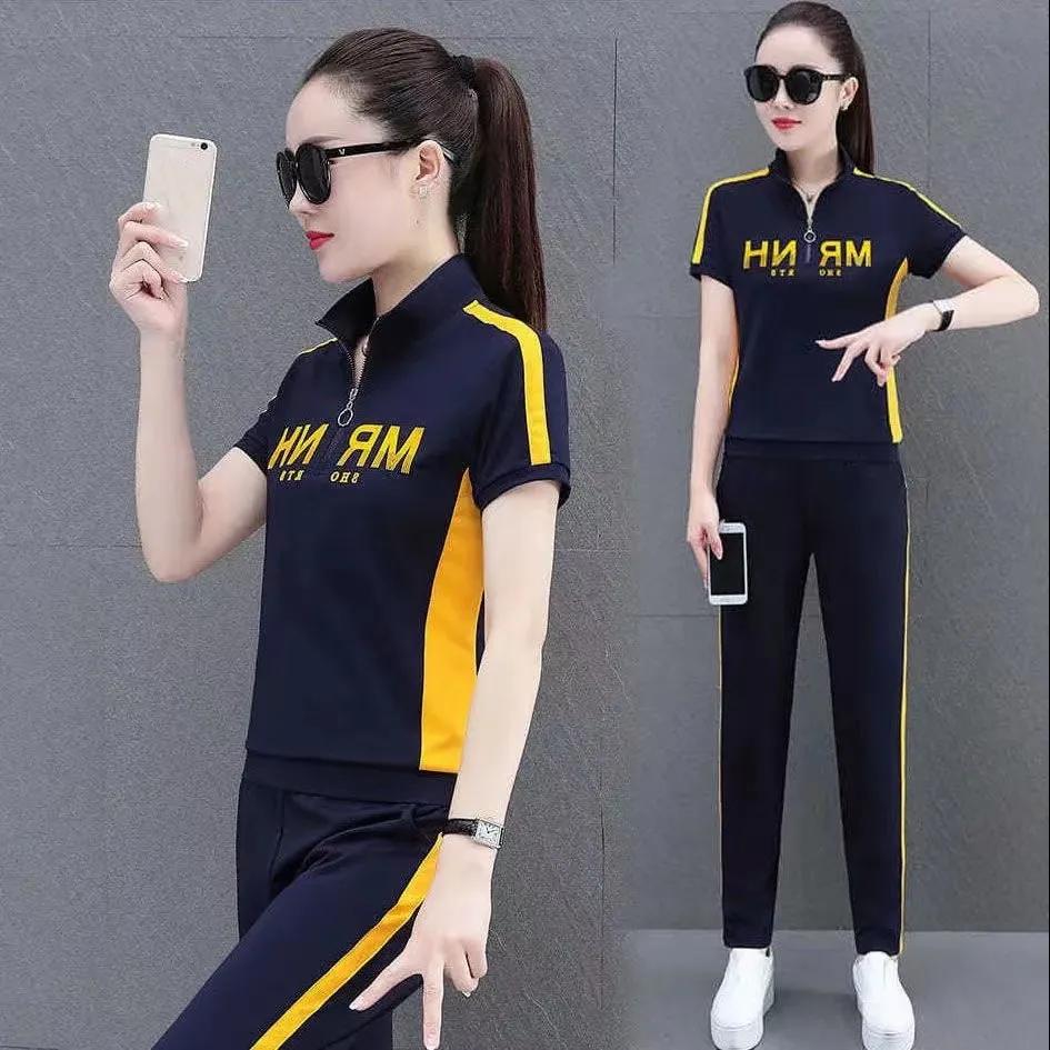 Damen Sommer Plus Size Slim Sportanzug Stehkragen Kurzarm Sweatshirt + Hose Täglich Casual Zweiteiliges Set