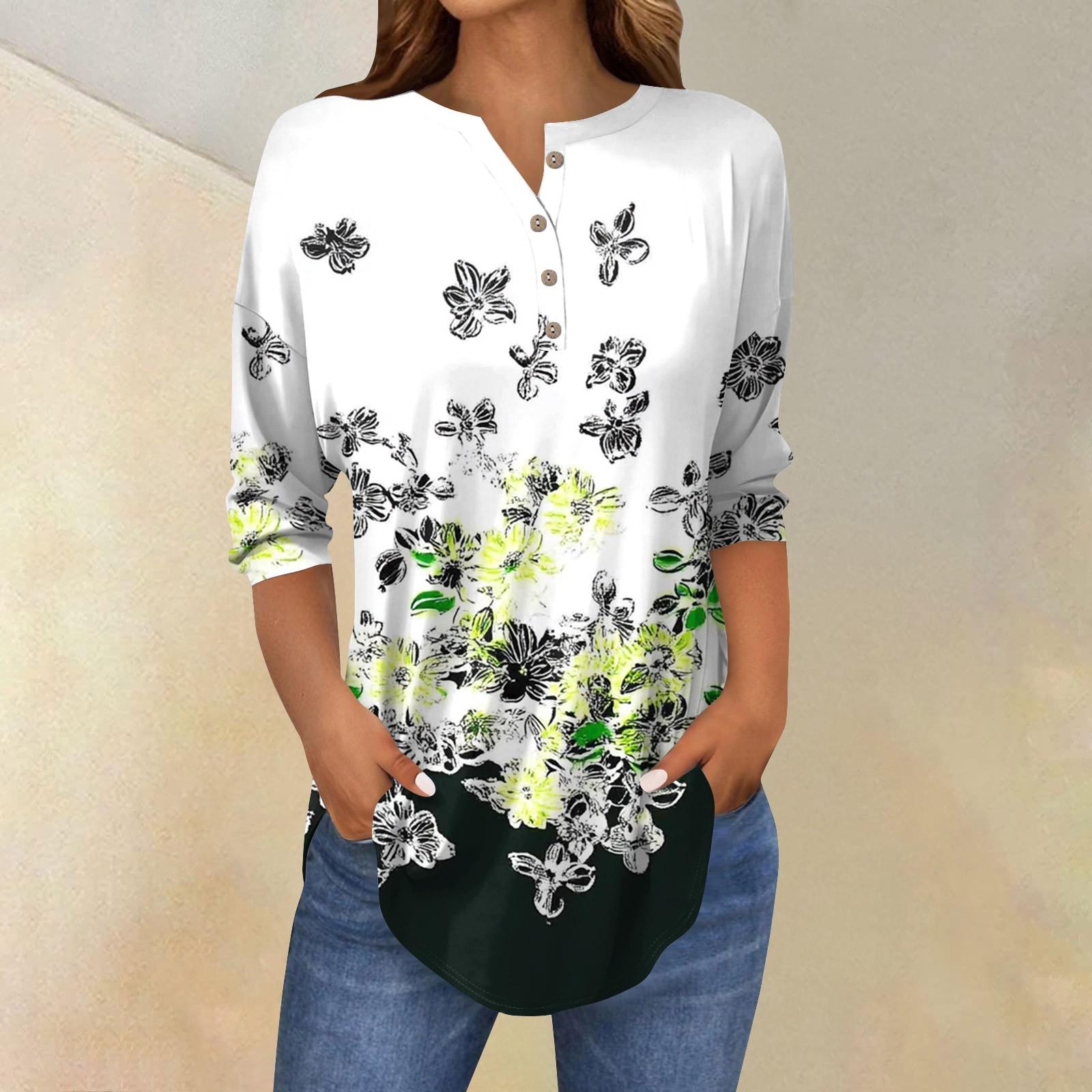 

Женская свободная футболка с воротником на пуговицах и винтажным цветочным принтом, рукав три четверти L чёрный