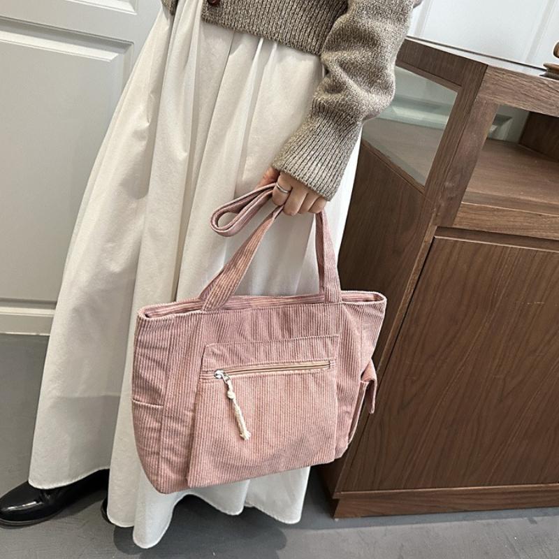 Simple Corduroy Tote Bag, Solid Color Shoulder Bag, Retro Multi Pockets Handbag for School Work Shopping Gift