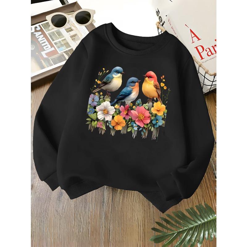Kids Unisex Crewneck Sweatshirt, Colorful Wildflowers Three Cute Birds On Fence Art Print Soft Long Sleeve Pullover For Boys Girls Over 4 Years Old