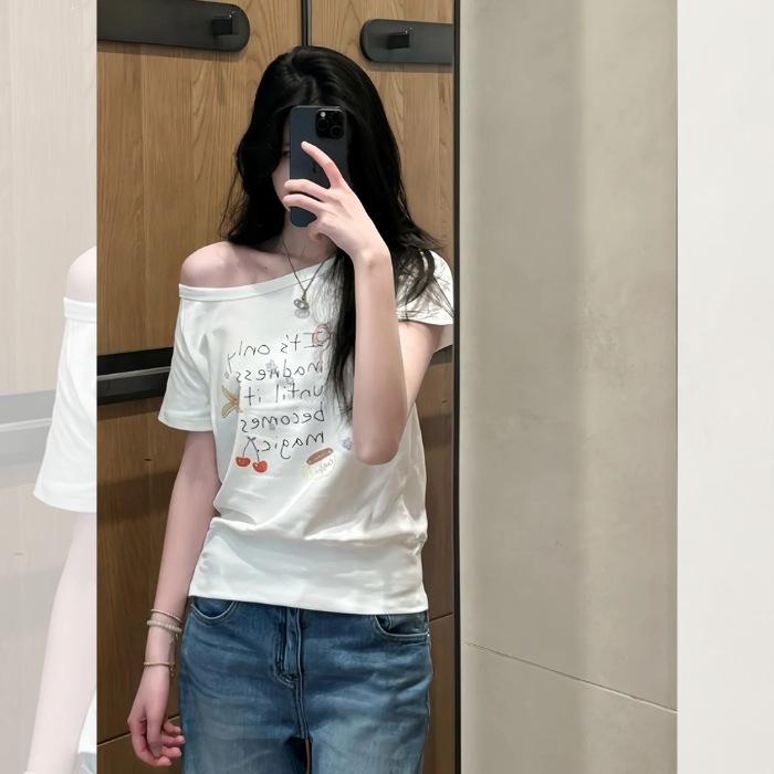 

Американская Spice Girl Слэш-плечо Короткий рукав Футболка Женская Летняя Ручная Роспись Граффити Облегающий Тонкий Топ S белый