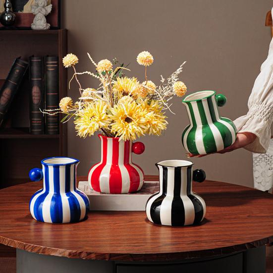 Colorful Striped Vase Ceramic Vase with Handle Desktop Decorative Vase for Flower Arrangement Living Room Bedroom Decor