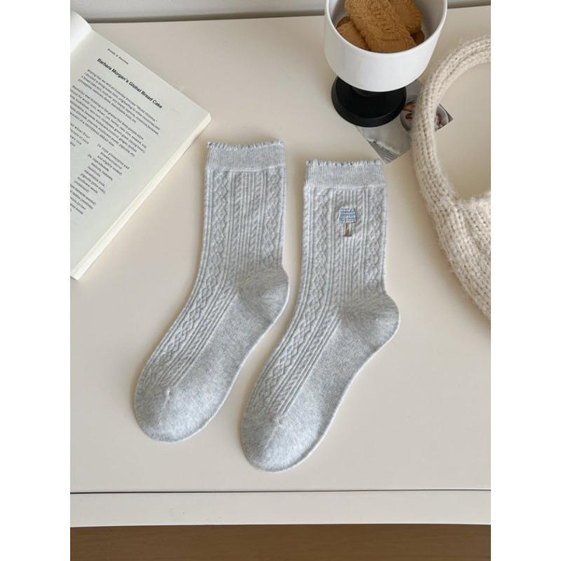 Autumn Socks, Bow Embroidery, Solid Color Lace, Pile Socks, Cotton Mid-calf Socks for Women