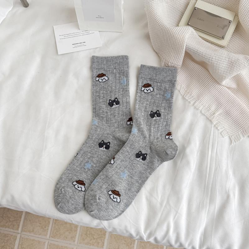 2026 Girls' Trendy Cartoon Mid-Calf Cotton Socks - Seamless, Cute, Puffy White Design