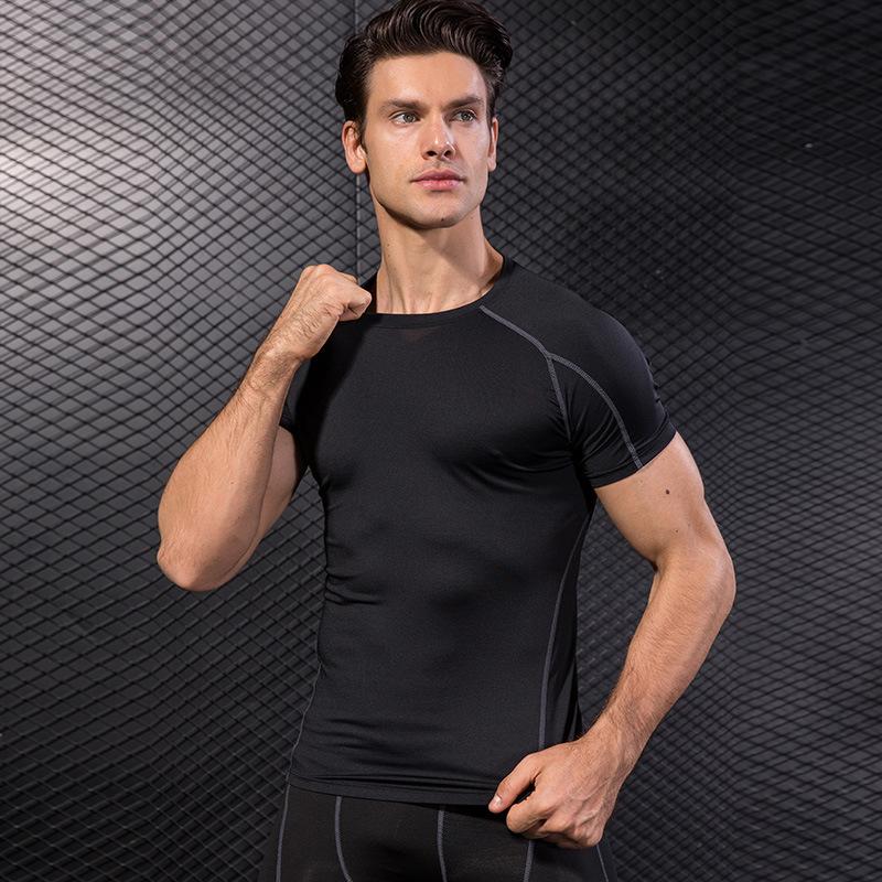 Men Gym Workout Short Sleeve Compression Shirt Tight Fit Quick Dry Athletic Top Black Red