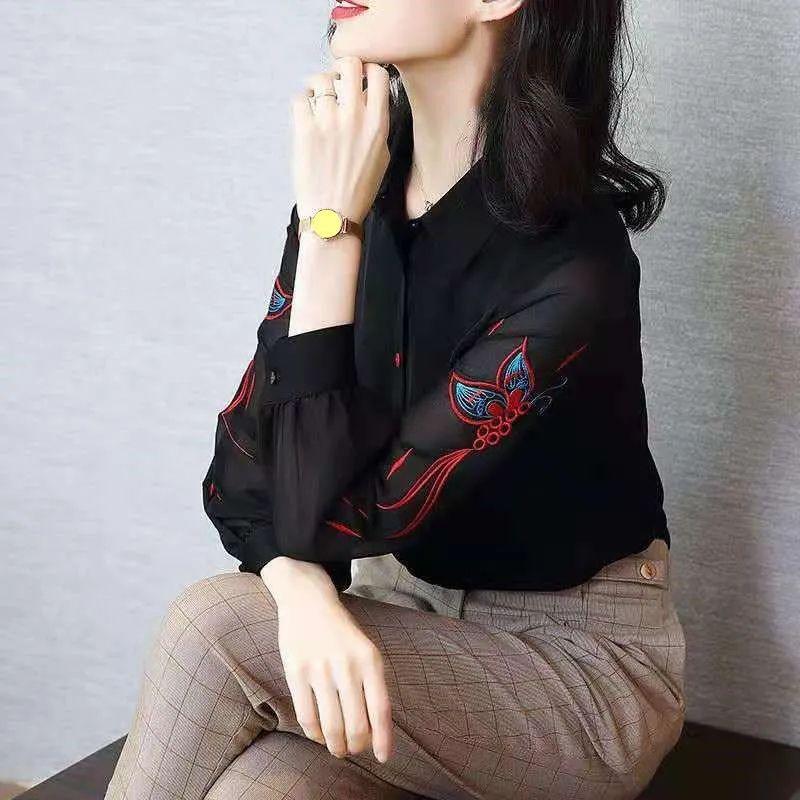 Women's Elegant Embroidered Chiffon Shirt with Long Sleeves